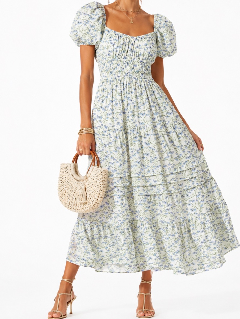 NWT ASTR the Label Florintina Floral Puff Sleeve Smocked Tiered Maxi Dress M